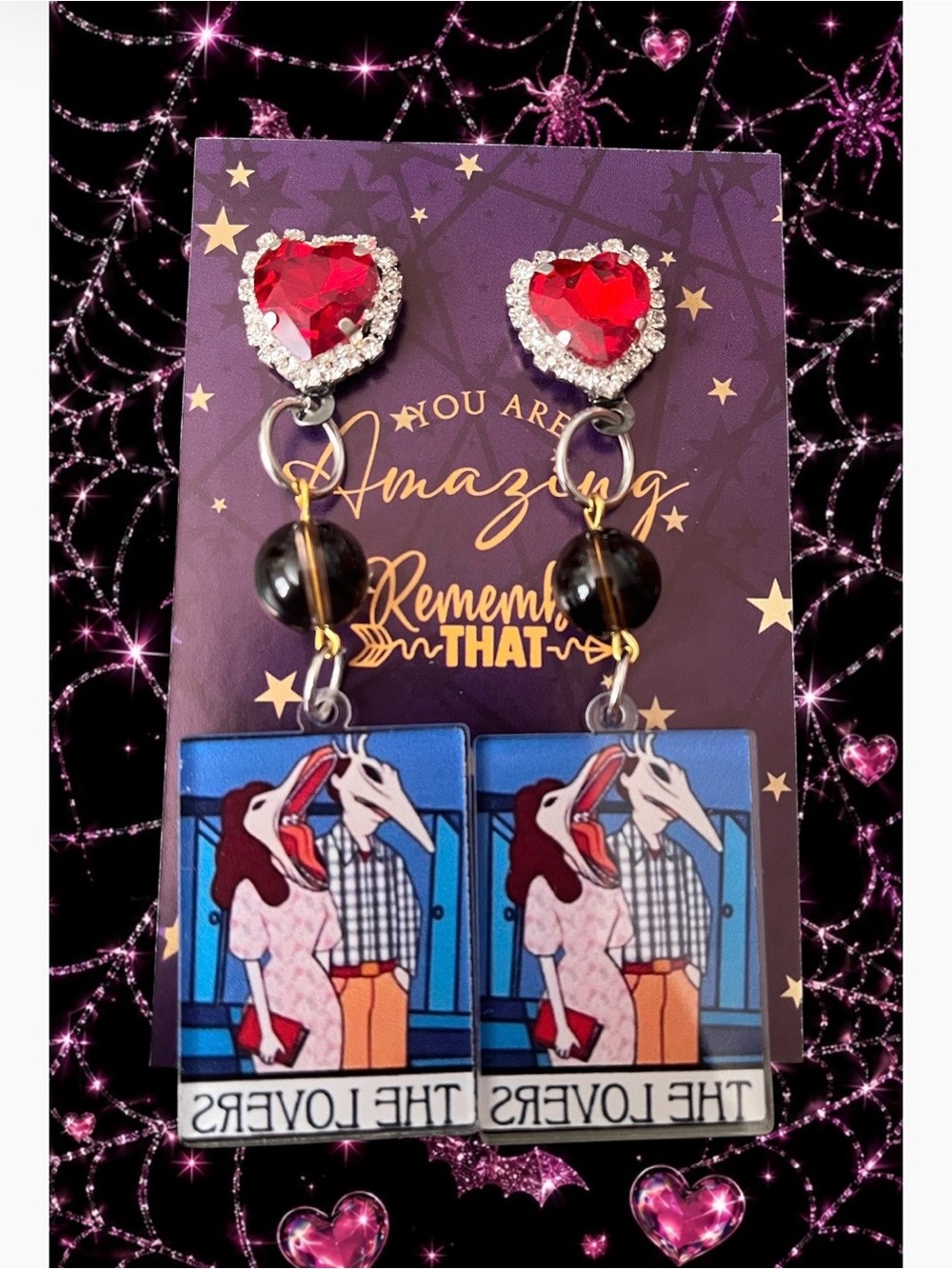 Heart Crystal & Novelty 'The Lovers' Drop Earrings - Red & Black